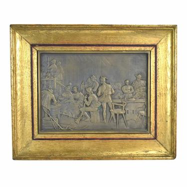 Vintage Bronze Plaque 18th Century Genre Scene Hunters Surveyors in Tavern 