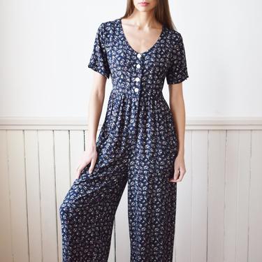 Vintage 1990s Wide Leg Rayon Jumpsuit | S/M | 90s Micro Floral Print Jumpsuit with Waist Ties, Relaxed Fit 