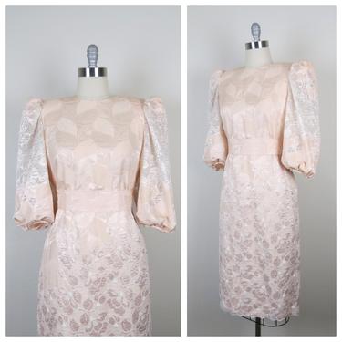 Vintage 1980s silk dress, puff sleeves, statement sleeve, pale peach, lace, Rina di Montella, semi-formal 