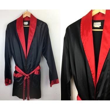 Vintage 50s 1960s Black and Red Satin Robe Smoking Jacket Boxing Mr. USA World Champion 