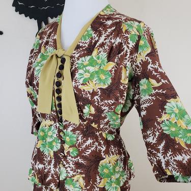 Vintage 1930's Rayon 2 Piece Set/ 40s Floral Skirt and Top L 