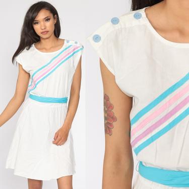 White Striped Dress 80s Mini Pink Blue Dress 1980s Summer Bright Dress Minidress High Waist Retro Cap Sleeve Vintage Medium 