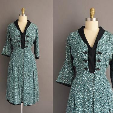 1940s vintage dress | Beautiful Rayon Print Turquoise & Black Cocktail Party Dress | Large | 40s dress 
