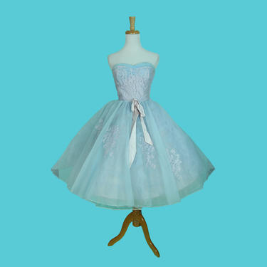 Vintage 1950s Baby Blue Dress, Strapless Poofy Disney Princess Dress Chiffon And  Lace Size S XS 