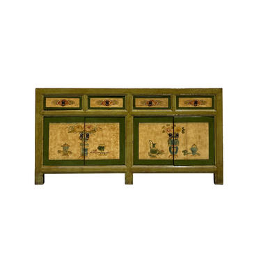 Chinese Distressed Olive Green &amp; Yellow Flower Graphic Table Cabinet cs6130E 