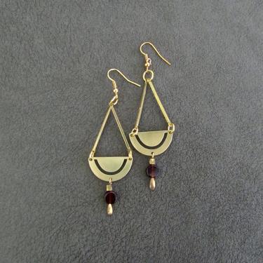 Long brass earrings, geometric earrings, mid century modern earrings, minimalist simple unique artisan earrings, garnet gypsy earrings 