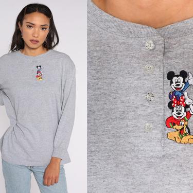 Mickey Mouse Shirt Walt Disney Shirt 90s Long Sleeve TShirt Cartoon 1990s Vintage Henley Shirt Retro Grey Extra Large xl 