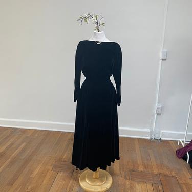 Vintage 1970s 80s Silk Velvet Dress Backless Cutout Midi Party Occasion 1980s does 1940s 1950s Pockets Long Sleeve XS 