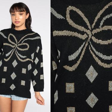 Metallic Bow Sweater 80s Black Silver Gold Holiday Sweater Christmas Statement Knit 1980s Vintage Pullover Sweater Medium 