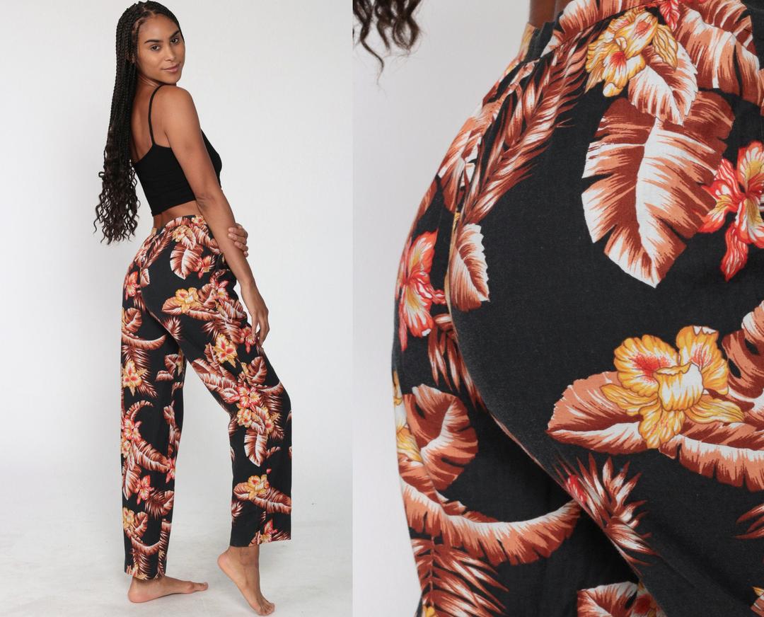 Tropical Floral Capri Pants 90s Black Cropped Pants Hibiscus