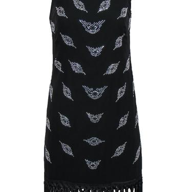 Milly - Black Sleeveless Silk Shift Dress w/ Rhinestone Design &amp; Fringed Hem Sz 4