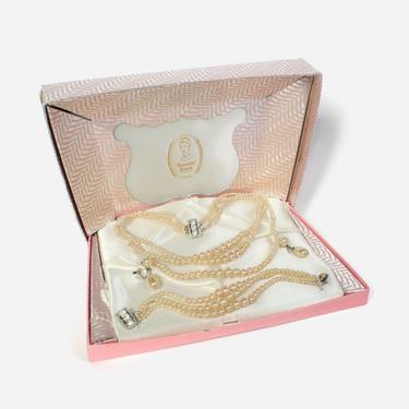 Vintage 50s Pearl Grand Parure Set / 1950s Unworn Antonette Necklace &amp; Earrings Bracelet Box Set 