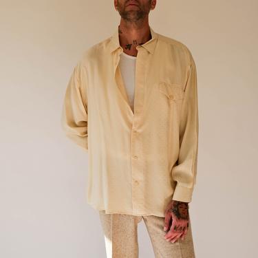 Vintage 80s 90s Porcini by Brigata Cream Silk Button Up Shirt w/ Square Polkadot Brocade Pattern | 100% Silk | 1980s 1990s Silk Mens Shirt 