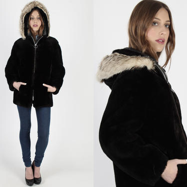 Black Sheared Fur Coat Hooded Zip Up Eskimo Fur Jacket Vintage 70s Plush Fox Fur Trim Hood Heavy Alaskan Outdoors Zipper Jacket 