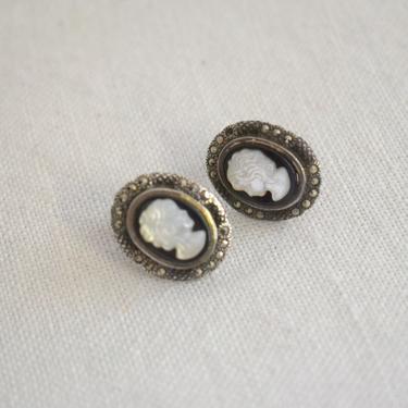 Vintage Mother of Pearl, Marcasite, and Sterling Silver Oval Cameo Pierced Earrings 