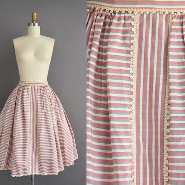 vintage 1950s skirt | Pink &amp; Gray Stripe Print Cotton Full Skirt | Small | 50s vintage skirt 