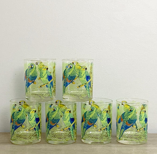 Vintage Drinking Glasses Tumblers Big Top Circus Parakeet Parrot Orange  Birds