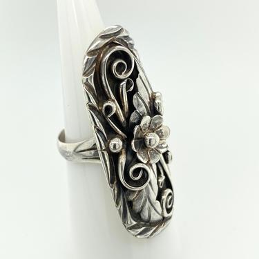 Vintage Artisan Navajo Sterling Silver Oblong Ring Sz 6.5 Flower Leaf Signed RB 