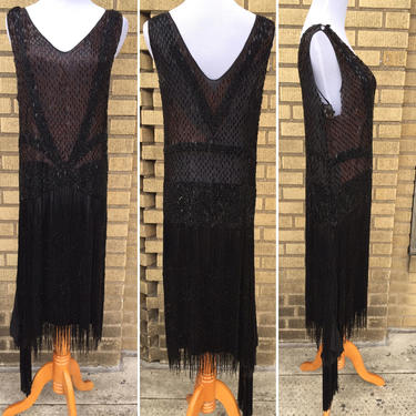 RARE 1920s Flapper Dress Black Silk Chiffon Beaded Sequins all over, Sequin Fringe with Extra Panel, Jazz Era Prohibition Size XS S 