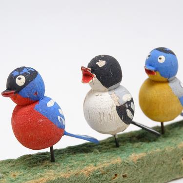 3 Small Vintage German Hand Painted & Carved Wood Birds 