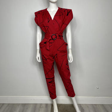 Vtg 80s cotton avant garde abstract print jumpsuit SM 