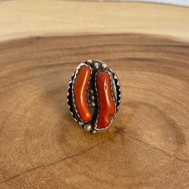 TWIN FLAME Vintage Coral & Sterling Silver Ring | Native American Navajo Style Jewelry |  Southwestern Jewelry | Size 11 1/4 