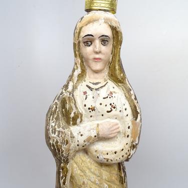 1800's Saint Mary Santos with Glass Eyes and Crown, Antique Hand Carved Madonna, Vintage Religious Folk Art, Polychrome Spanish Colonial 