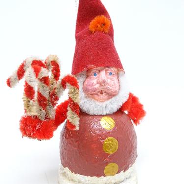 Vintage Santa with Chenille Canes Christmas Tree Ornament,  Composite with Hand Painted Face 