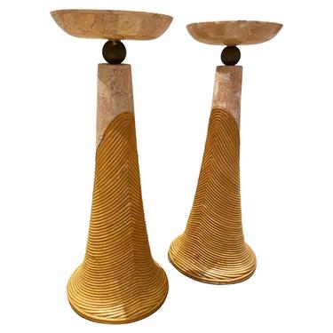 Rare Pair of Karl Springer Vintage Travertine & Rattan Candle Holder’s