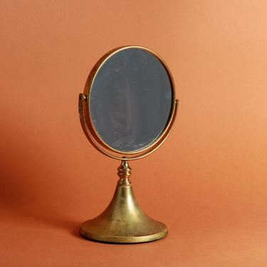 70s Brass Gold Round Magnifying Rotating Standing Mirror 