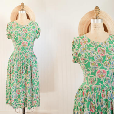 1930s fleur de lis dress || As Is || Size XS/S 25 waist 
