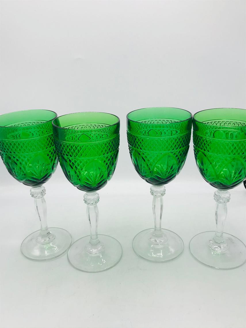 Modern Cristal D' Arques Durand Emerald Stemmed Wine Glasses - Set of 8