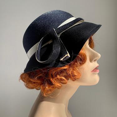 1950's Does 1920's Cloche' Hat - Navy Straw with White Grosgrain Details - Size Medium 
