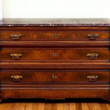 Victorian Antique Burled Walnut Chest Of Drawers, 19th Century 