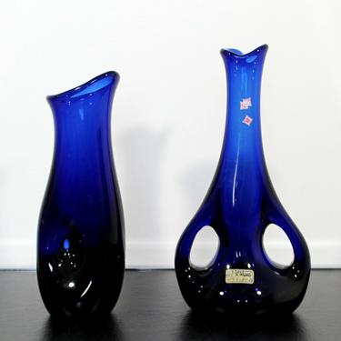 Mid Century Modern Pair Cobalt Crystal Glass Pitcher Vases Made in Poland 1970s 