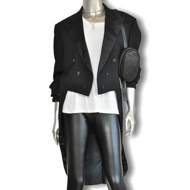 Vintage Womens Black Tuxedo Jacket with Tails  Satin Lapel Double Breasted Blazer L 