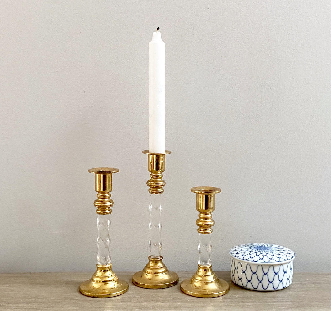 Lucite Gold Candlesticks Graduated Twist Brass Candle Holders Set of 3