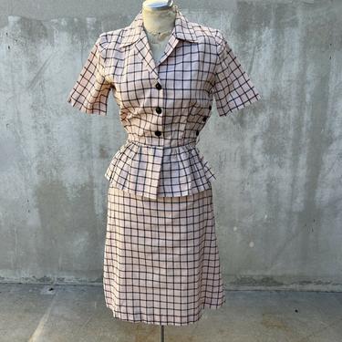 Vintage 1930s 1940s Pink & Grey Plaid Cotton Dress Side Button Ann Taylor  WWII