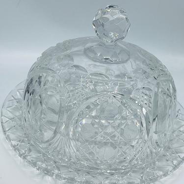 Vintage Large Cheese Or Cake Platter with Dome Lid- Crystal- 11&amp;quot; crosshatching 