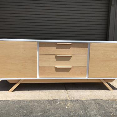 NEW Hand Built Mid Century Inspired Buffet / Credenza. White & Maple 3 Drawer / 2 Door Cabinet with Angled Leg Base! 