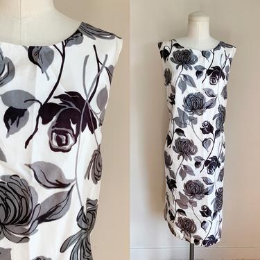 Vintage 1960s Black & White Floral Shift Dress / L 