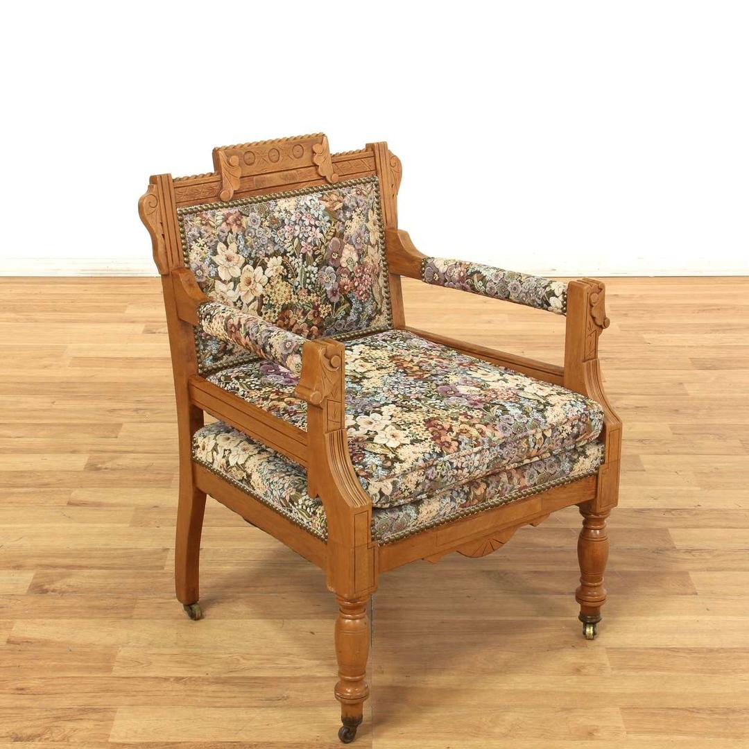 Light Wood Carved Floral Accent Chair on Casters Loveseat (Los