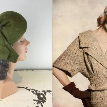 A Docile Tilt of the Head - Vintage 1950s 1960s Moss Green Fur Felt Schiaparelli Beret Caplet Hat 