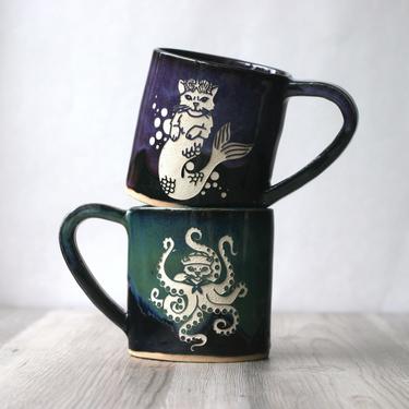 Nautical Octopus &amp; Mermaid Cat Cascade Mug - carved handmade pottery 