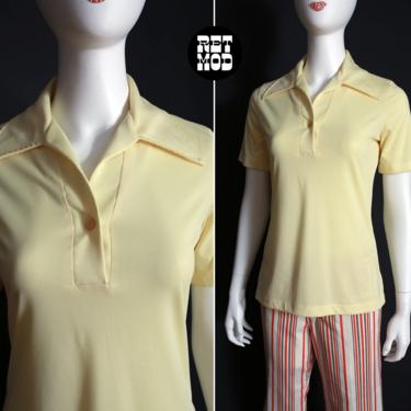 Great Vintage 70s Basic Light Yellow Short Sleeve Collared Top 