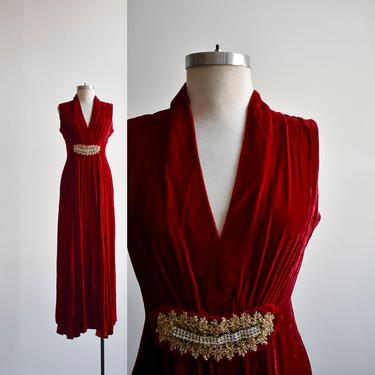 1970s Crimson Red Velvet Gown 