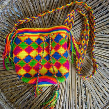 Vintage woven hippie purse 10x10&amp;quot; unique NEON cotton shoulder bag or small crossbody festival, geometric Wayuu Mochila fabric tote Colombia 