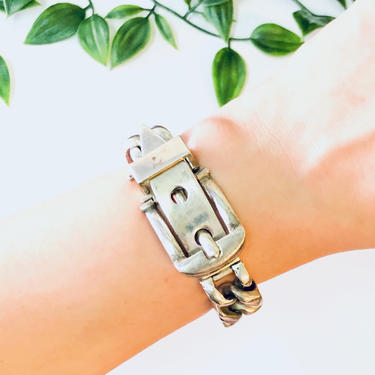 Vintage Bracelet, Silver Bracelet, Cuban Link Belt Bracelet