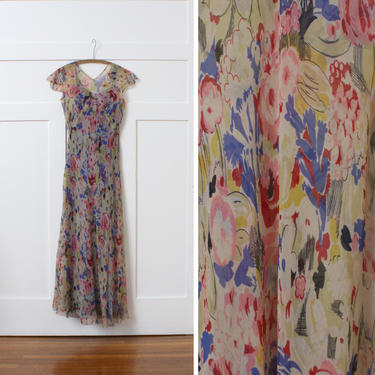 vintage 1930s art deco silk chiffon dress • colorful floral full length gown with original slip 