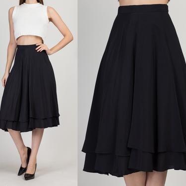70s Charivari Black Silk Skirt - Extra Small, 25&amp;quot; | Vintage High Waist A Line Minimalist Double Layer Midi Skirt 